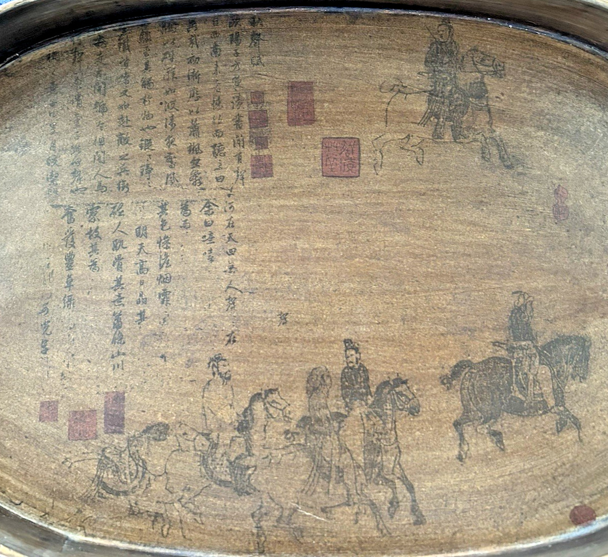 Vintage Chinese Wooden Oval Tray w/ Hand Painted Equestrian Scene, Calligraphy