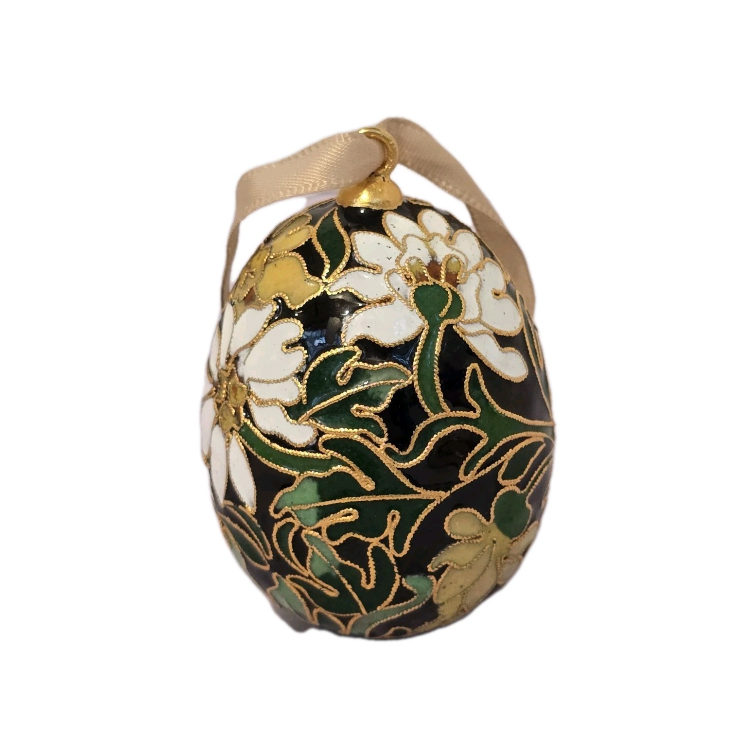 Vintage Black, White and Gold Floral Enamel Cloisonné Chinese Egg