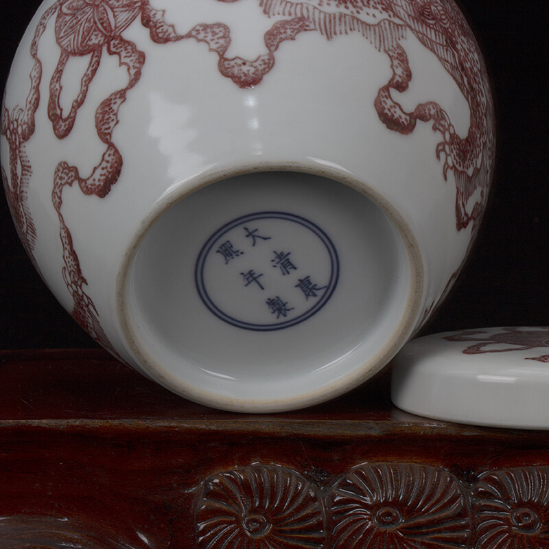 5.1″ Good China Red Glaze Porcelain Hand Painting Foo Fu Dog Lion Tea-leaf Pot