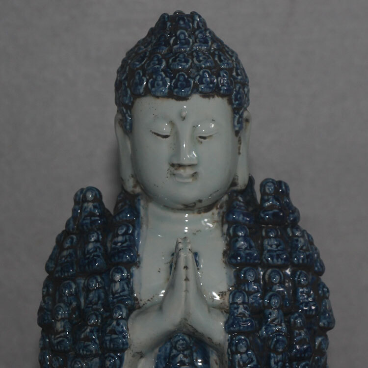 10.6″ China Jingdezhen Blue and White Porcelain 10000 Sitting Buddha Statues