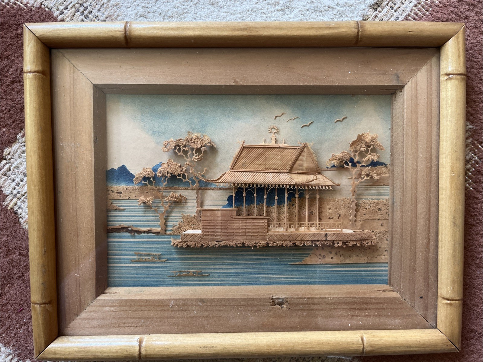 Vintage Oriental Chinese Cork Carving Diorama Framed Art 8.5″x6.5″x1″ Asian