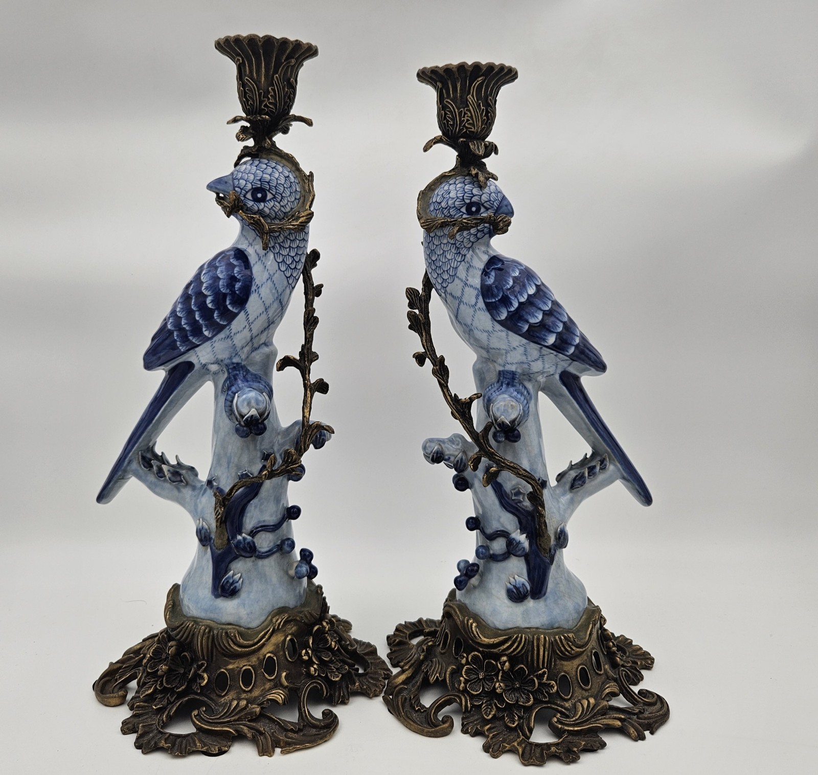 Antique Chinese Bird HOLLYWOOD REGENCY Blue Birds Brass Candle Holders 14″