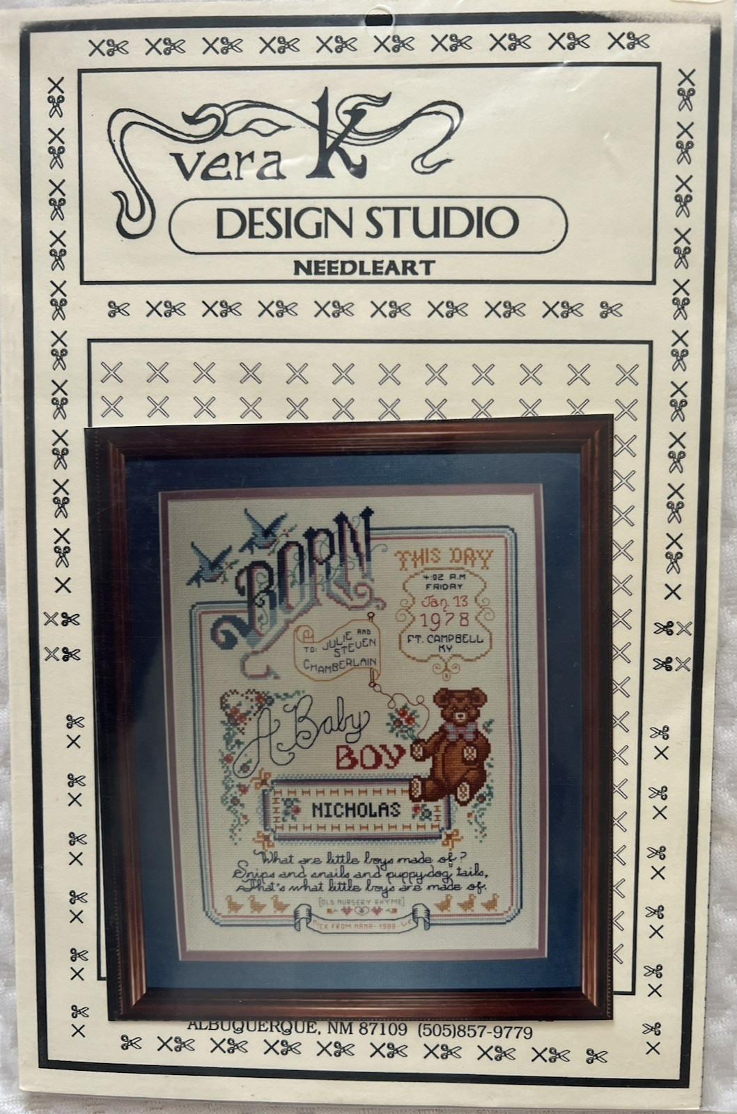 Vera K Design Studio Cross Stitch Chart Birth Sampler Baby Boy or Girl 1990 NIP