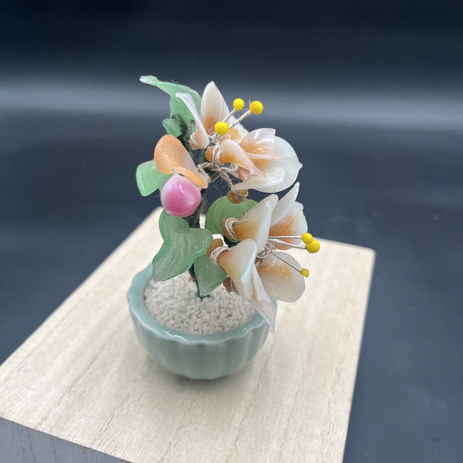 Vintage Small Jade & White Floral Bonsai Tree Green Celadon Pot 4.5”