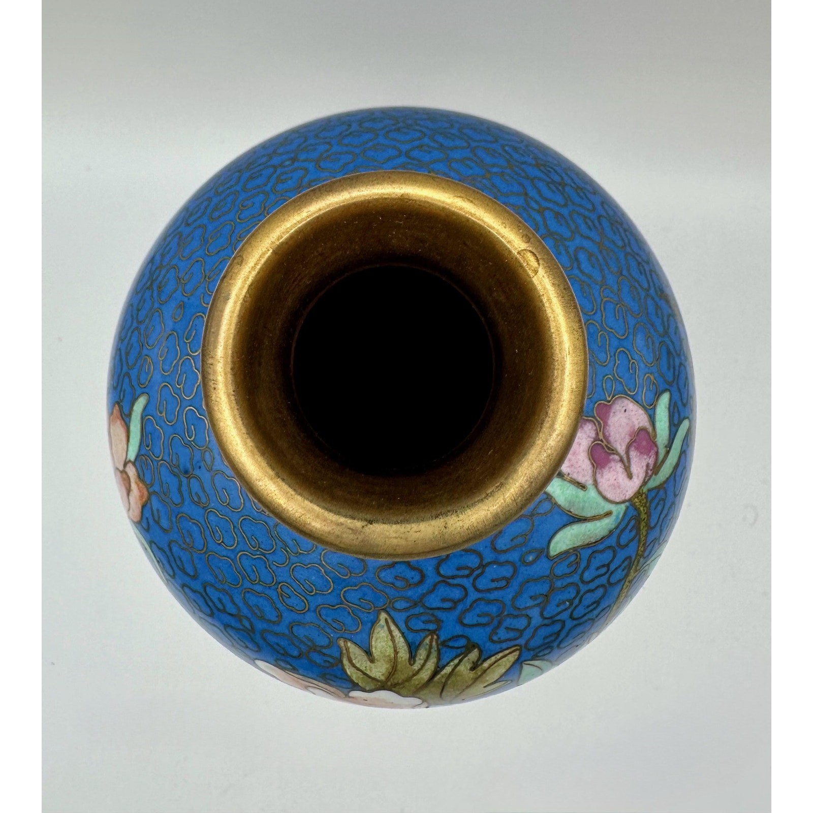 Vase Blue Chinese Cloisonné Pink Floral and Leaf Motif Brass Accents