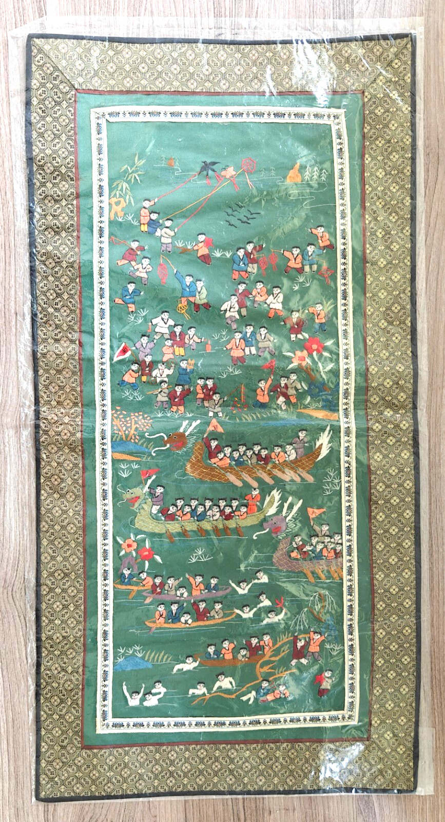 Vintage Chinese Silk Embroidery Panel Dragon Boats People Green 12.5×25″ NOS