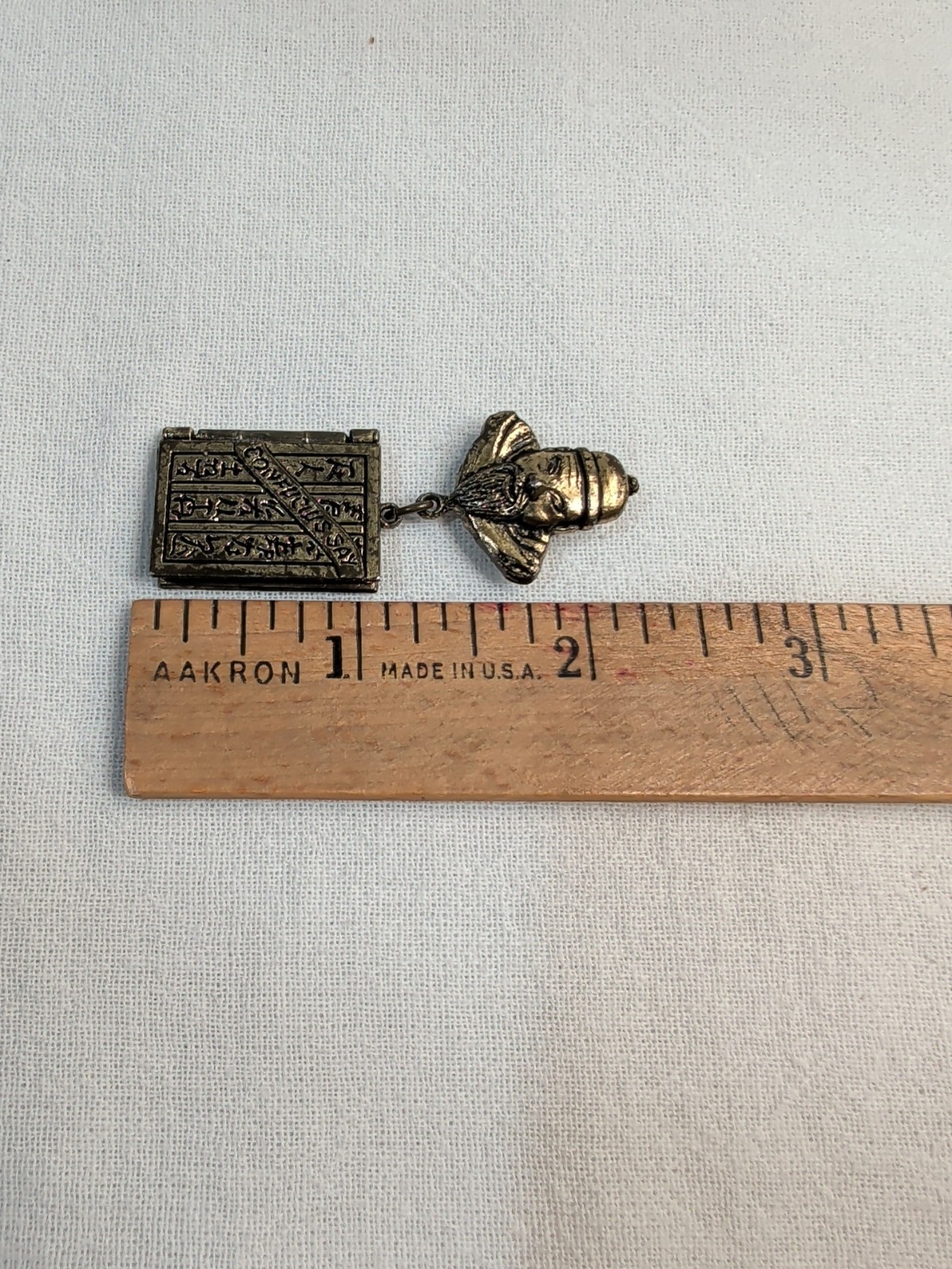 Vintage Confucius Book Charm Hanging Locket Brooch Pin Antiqued Brass-Tone Metal