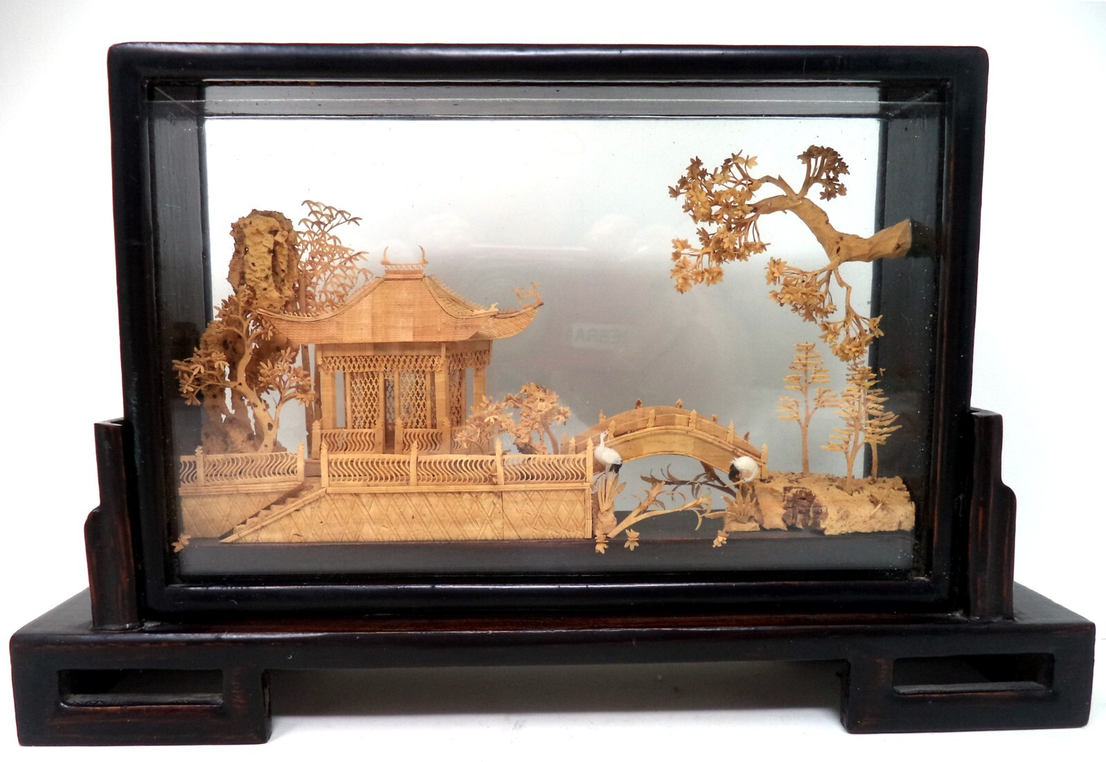 Vintage Hand-Carved Chinese Cork & Wood Diorama Encased In Glass & Wood Stand