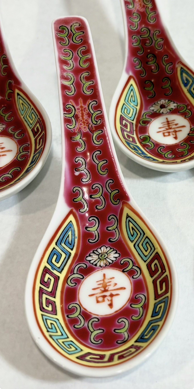 Vintage Chinese Famille Rose Mun Shou Porcelain Spoons Red Set of 6