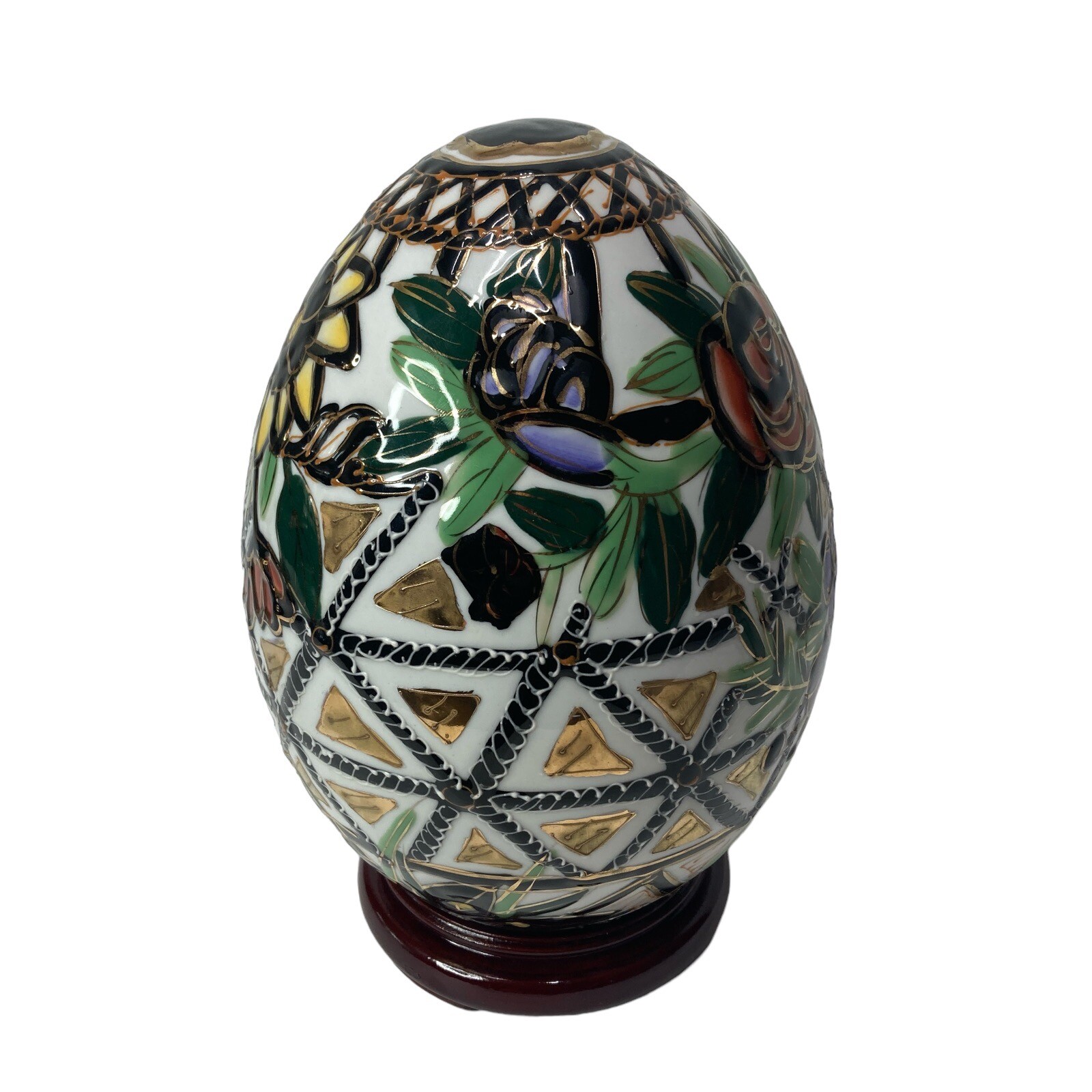 Chinese Porcelain Egg Black Gold Floral 9″ with Stand Decor multicolor Vintage