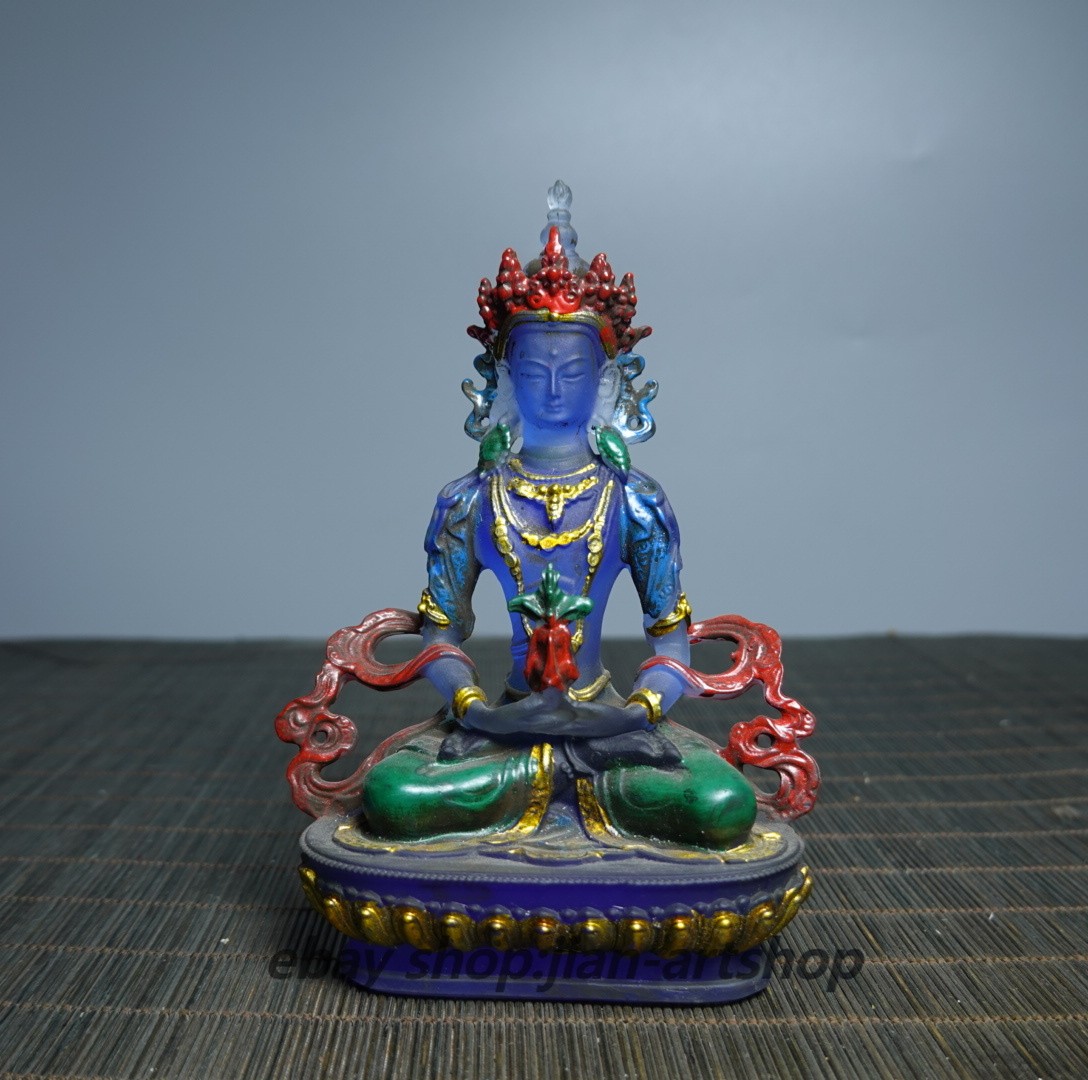 5.1″ Collect Coloured Glaze Painted Tibetan Buddhism Longevity Buddha Sit Statue