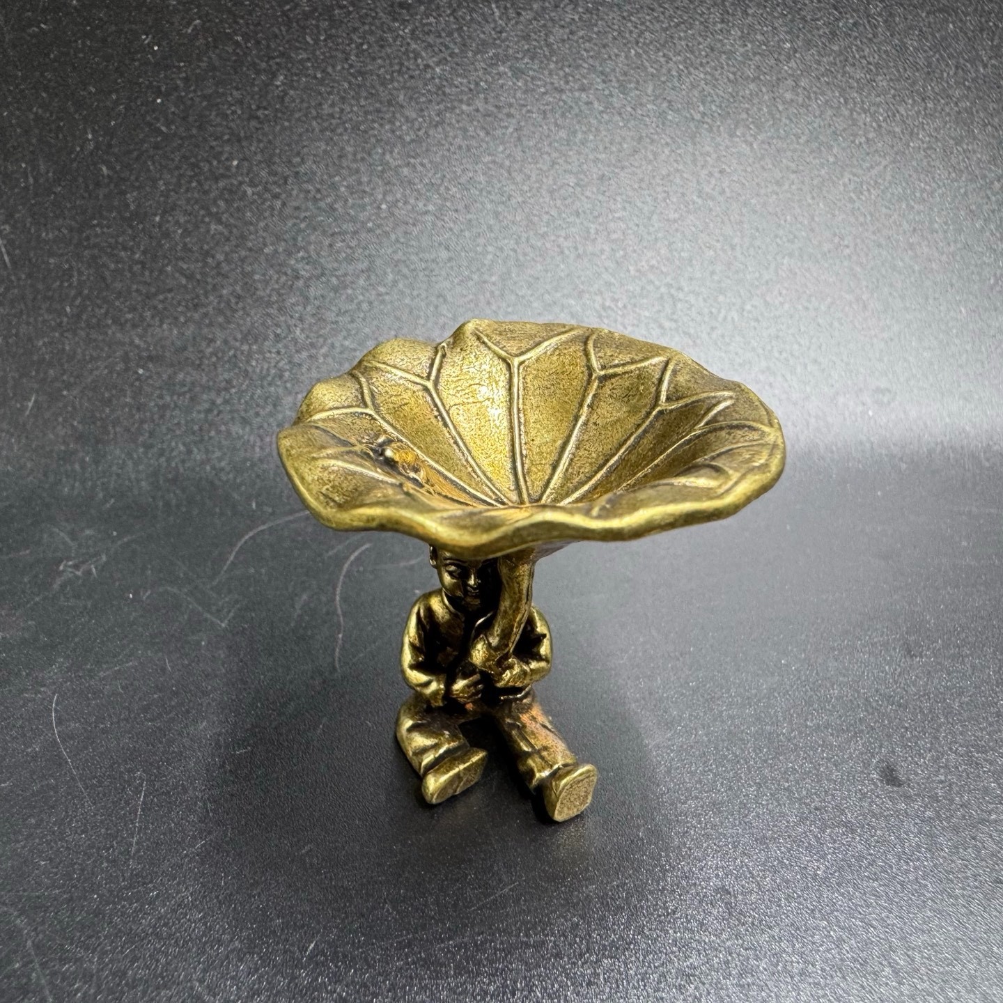 Vintage Brass Boy Holding Lotus Leaf Tray Incense Holder Tiny Jewelry Storage