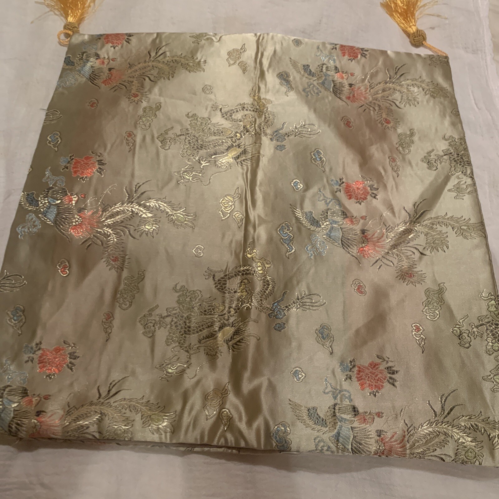 Vtg Chartruese+Satin Jacquard Brocade Oriental Pillow Cover~ Dragon~16.5”