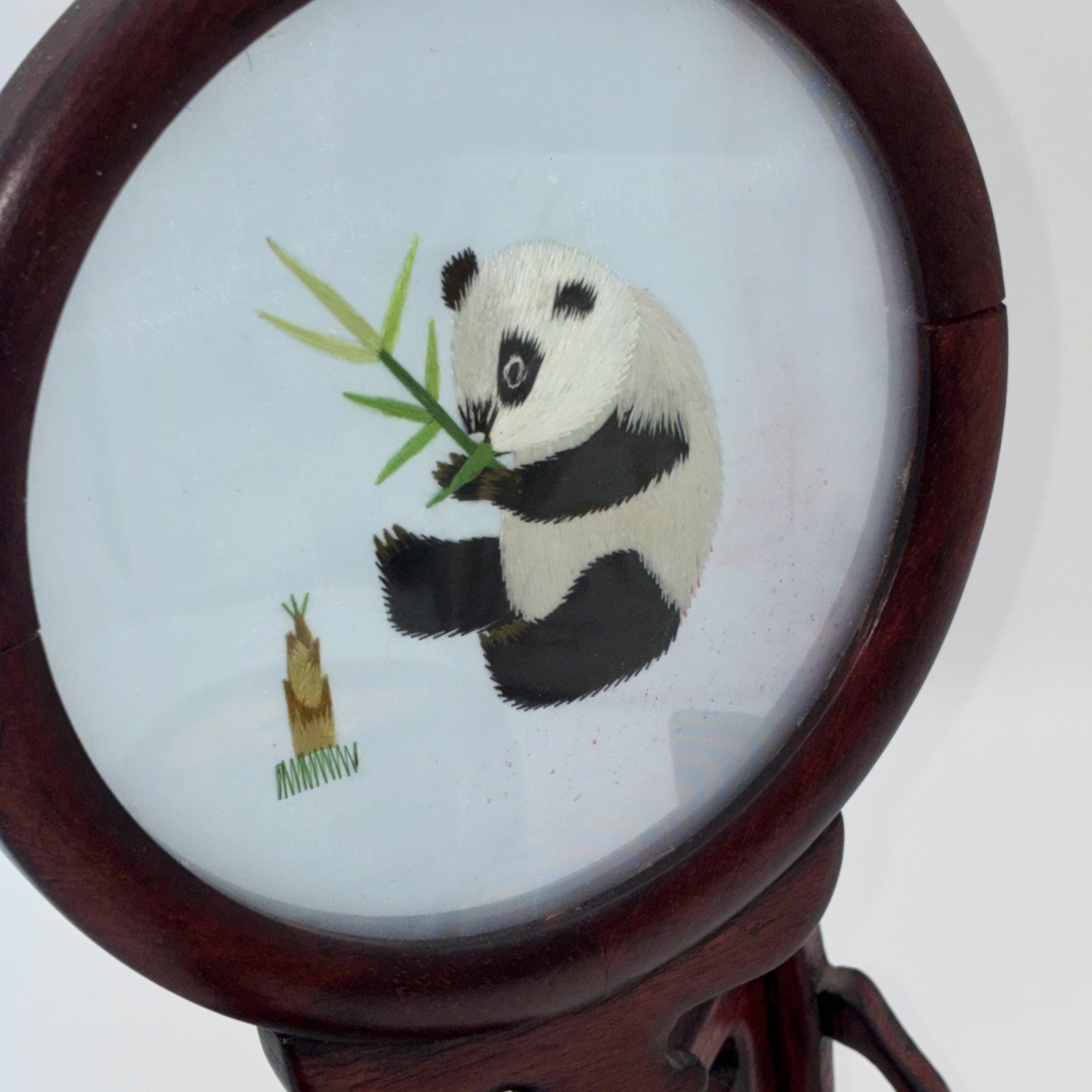 ASIAN Chinese Panda Double Sided Silk Embroidery Wooden Screen – Read