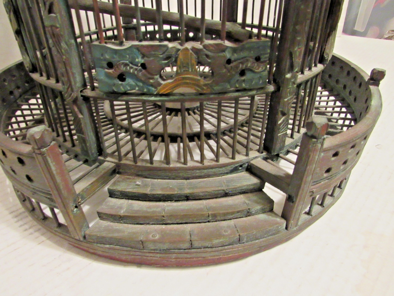 Vintage Chinese Wood Carved Pagoda Bird Cage, Oriental Geisha, Round