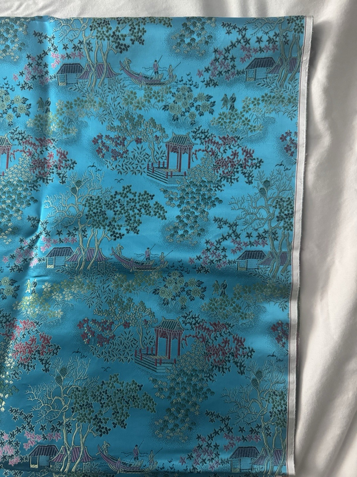 Vintage Chinese Blue Brocade Fabric Textile 4Yds X 36″ Wide Pagoda Flowers Boat