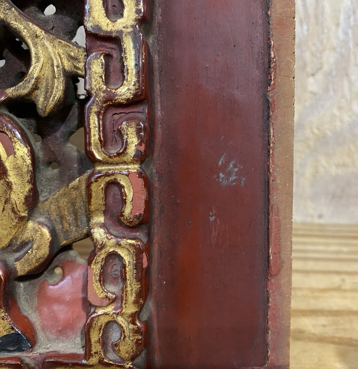 Distressed Carved Gilt Wood Chinese Panel Plaque Brass Hanger