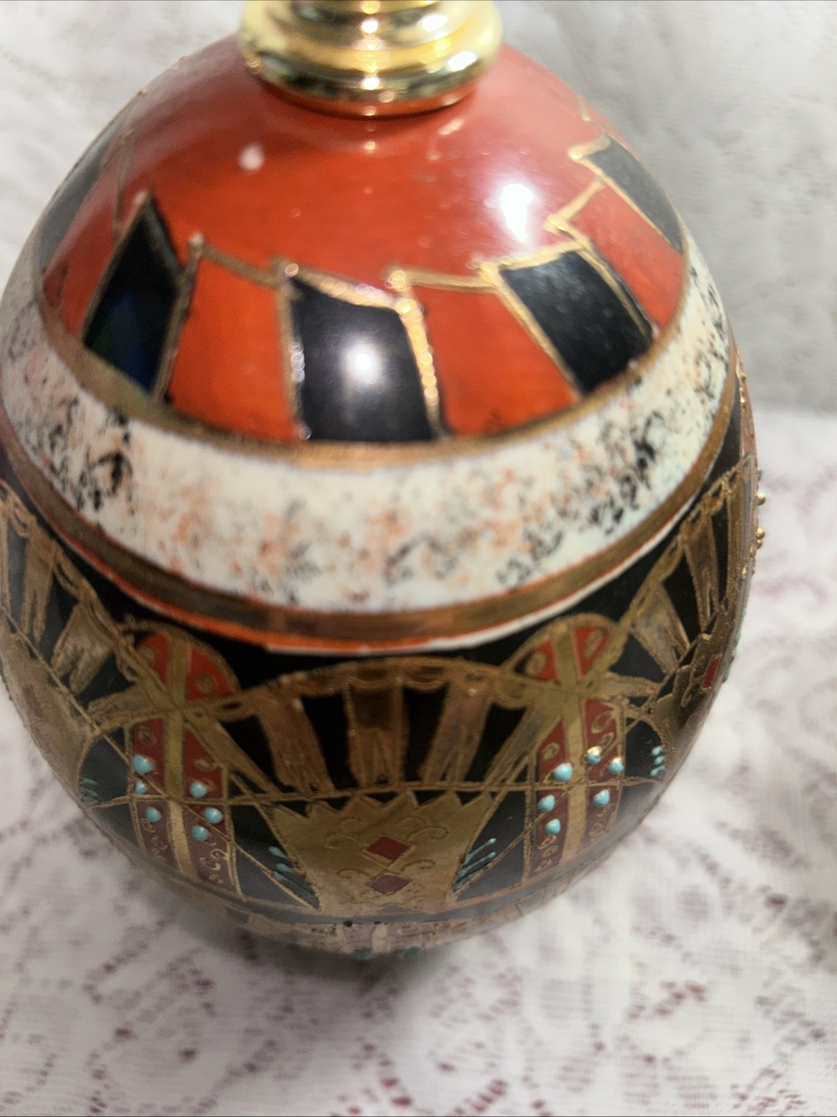 Vintage Chinese Cloisonné Ceramic Hand Painted Egg Lamps With Wood Stand