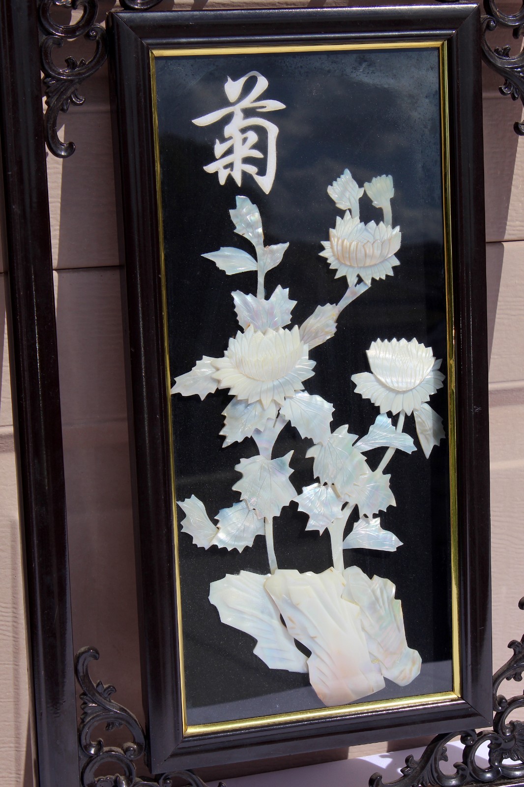 Vintage Chinese Mother-of-Pearl Inlay Chrysanthemum Wall Panels – Ornate Carved