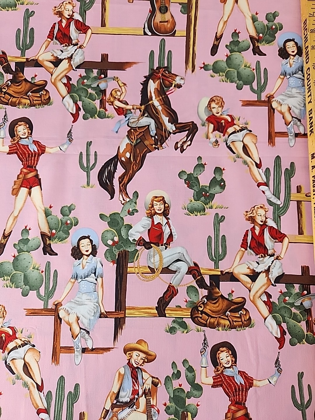 Alexander Henry Fabric From The Hip 2000 Pink 2 Yards Pinup Girls Tape Flaw