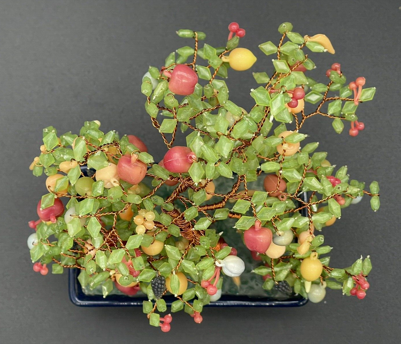 VTG Japanese Glass (? Acrylic) Fruit Bonsai Tree Copper Wire Apple Banana Cherry