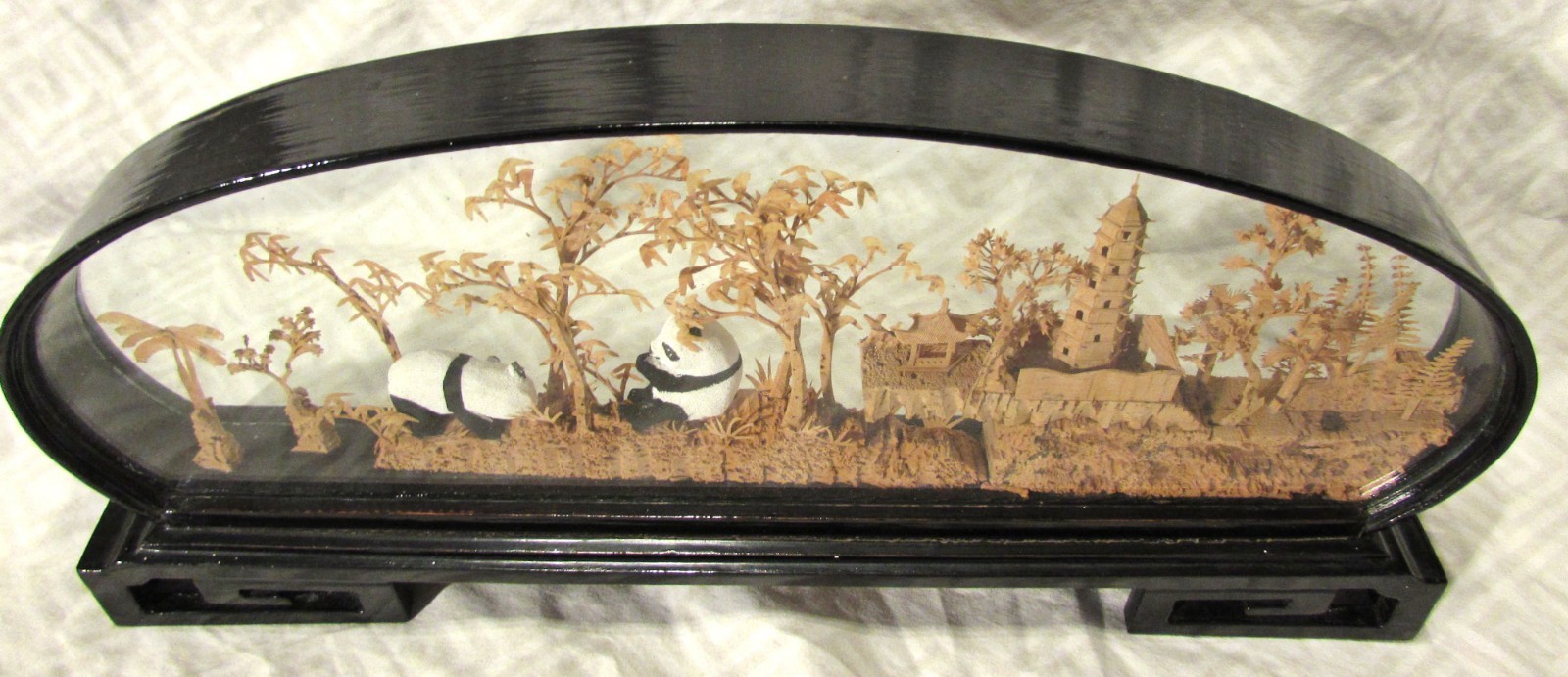 Vintage Chinese Panda Cork Diorama Arched Black Lacquered Shadow Box Case 1950s