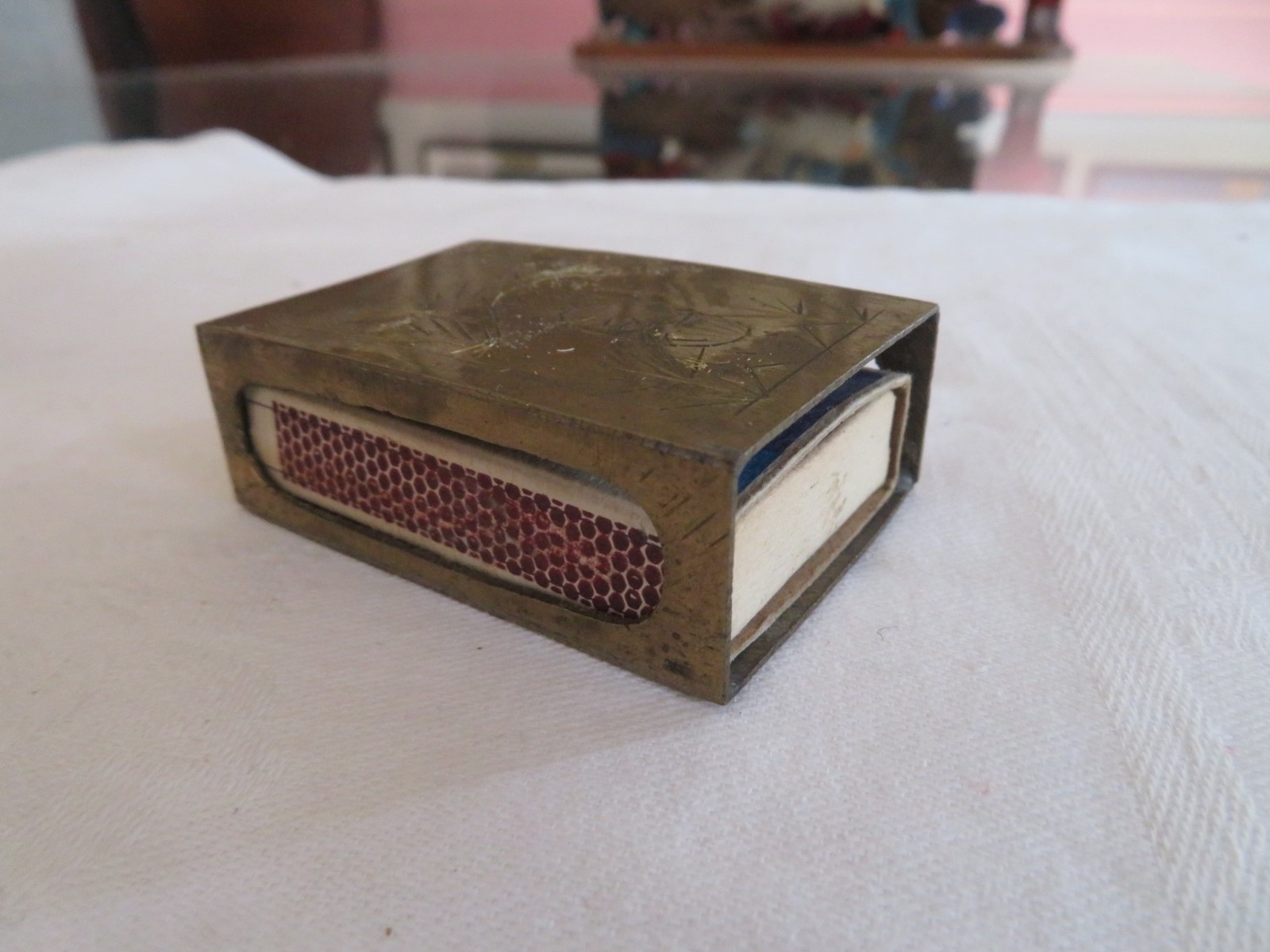 3 vintage Chinese Brass Matchbox Holder, Ashtray, Barrel Match Safe