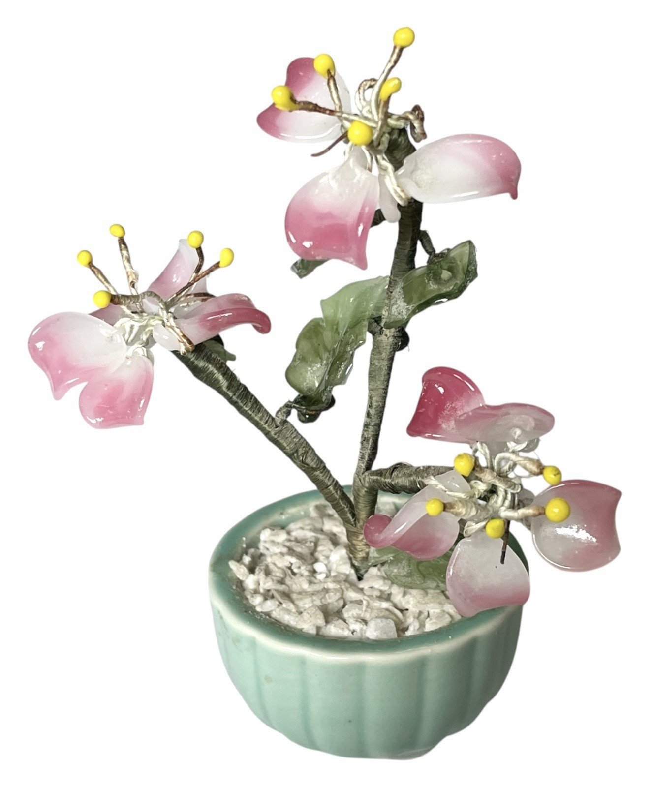 Lot of 3 Vintage Mini Jade Glass Flower Bonsai Tree Celadon Green Pot 3”