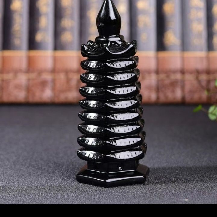 10cm Natural Obsidian Wen Chang Pagoda Feng Shui Ornament for Study Career
