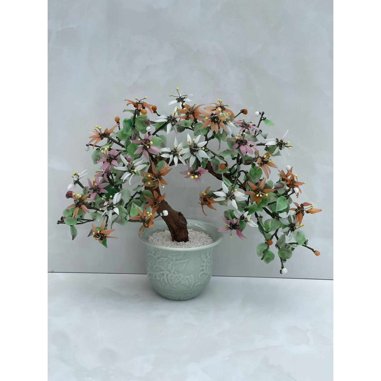 Vintage Glass Large Chinese Bonsai Tree Jade Stone Multicolor Sz 13inch