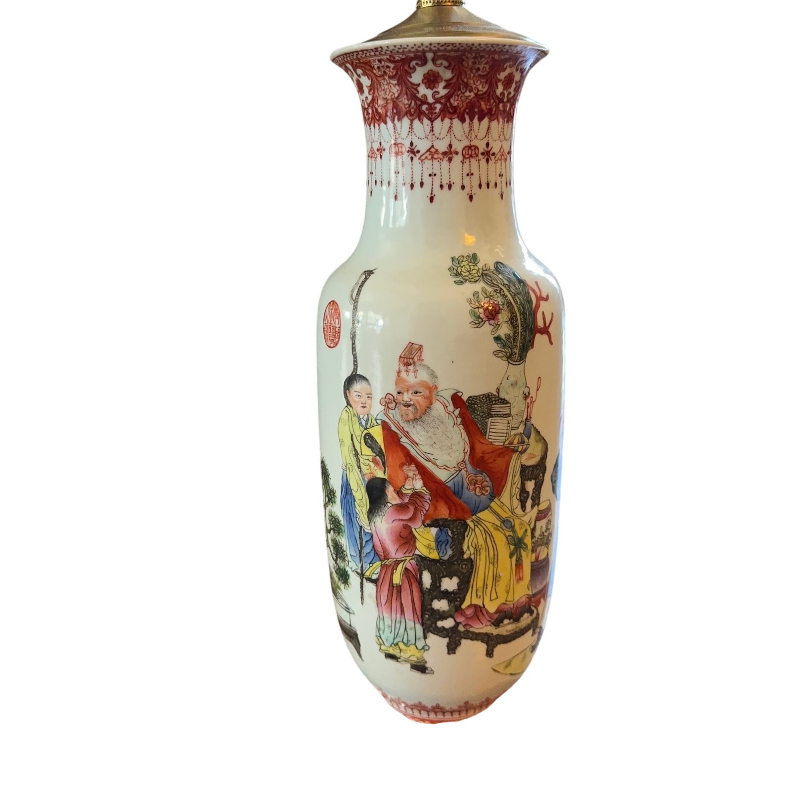 Vintage Chinese Porcelain Vase Lamp Shou Xing 28” Famille Rose Characters