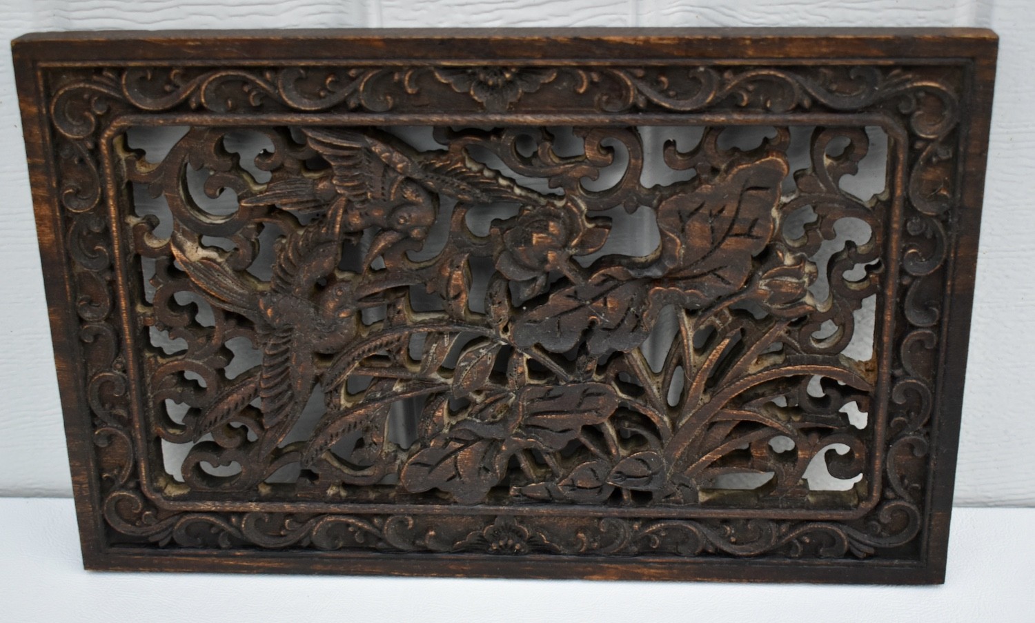 Vintage Hand Carved Chinese Plaque with Birds & Floral Details