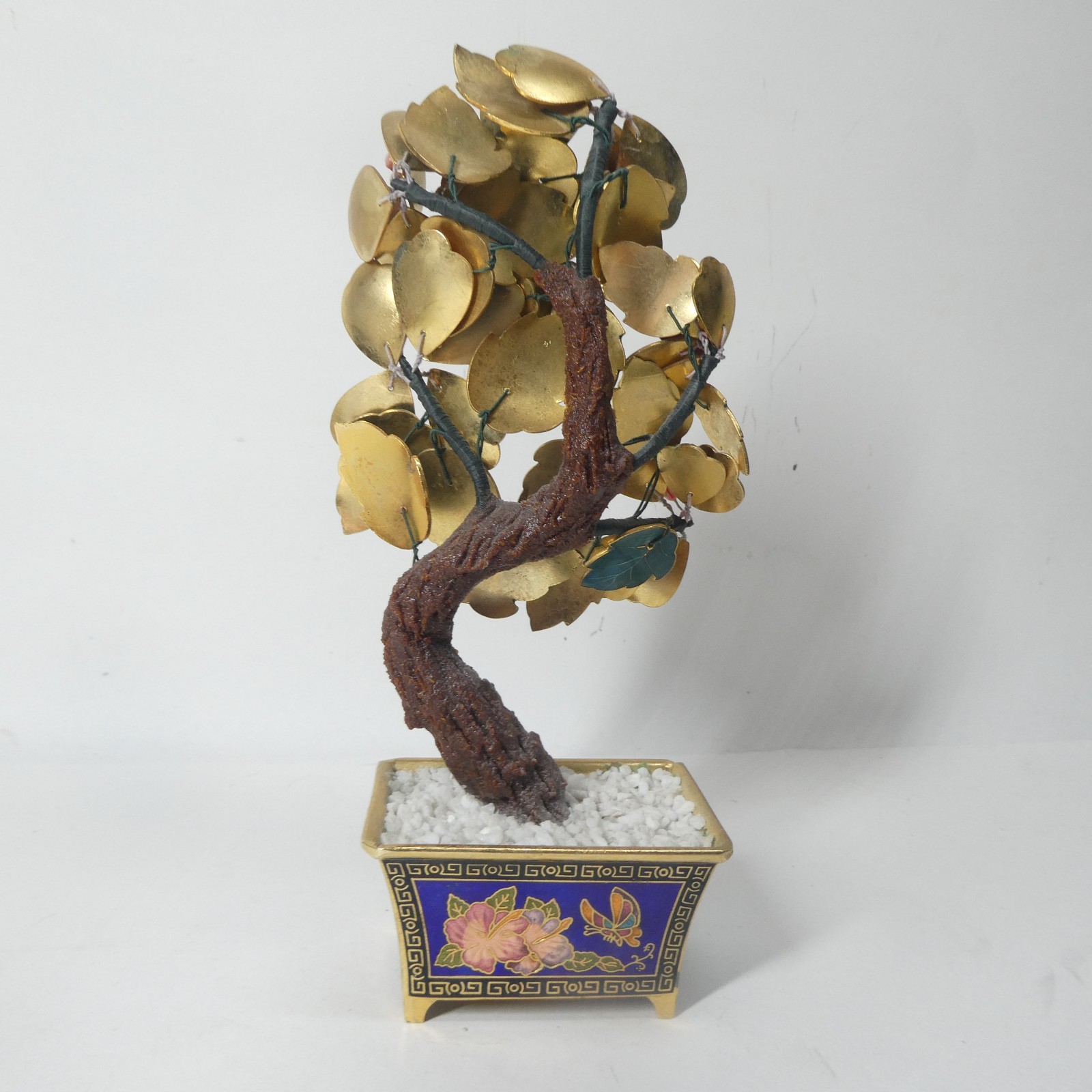 Cloisonne Enamel Brass Bonsai Tree w/ Pot Colorful Flowers 8″ Vintage