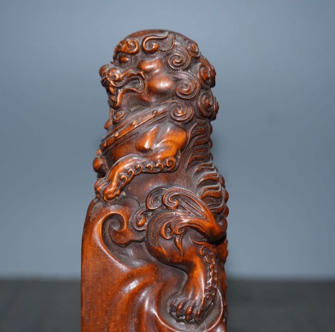 4.7″ Collect China Box-wood Carving Animal Foo Fu Dog Lion Seal ‘Uncarved Base’
