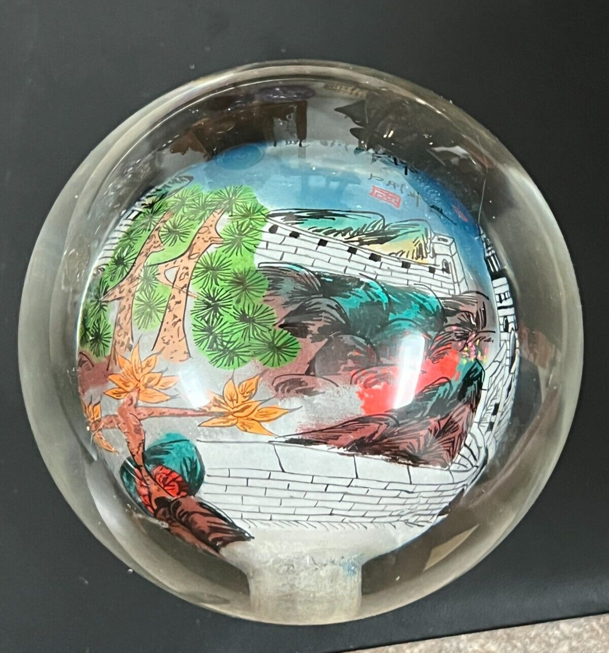 Chinese Handpainted Reverse Glass Painted Sphere Orb Globe Signed 3 1/2″Diameter