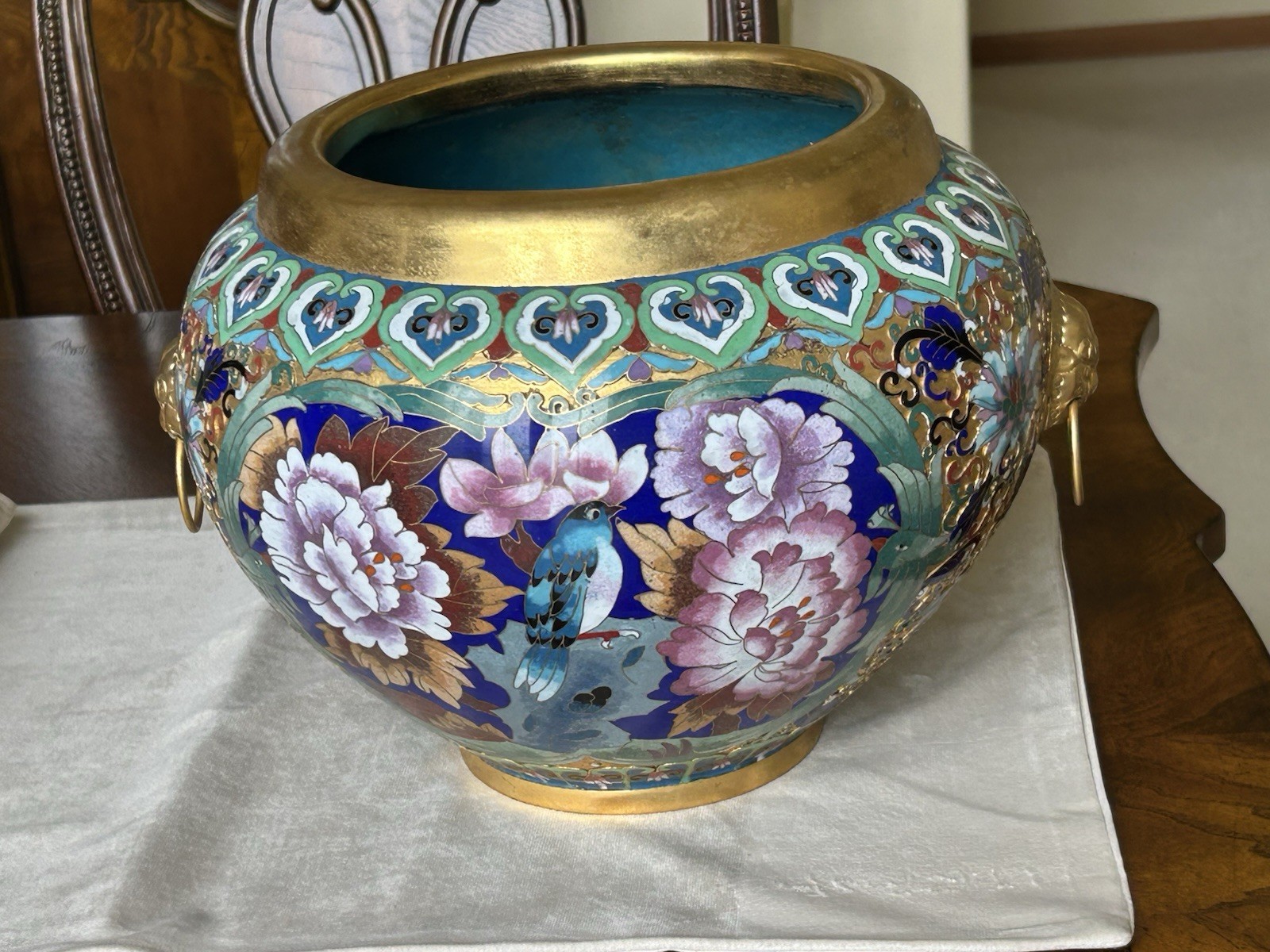 Chinese Cloisonné Planter Flower Pot Peonies Birds Lion Head Accent Brass