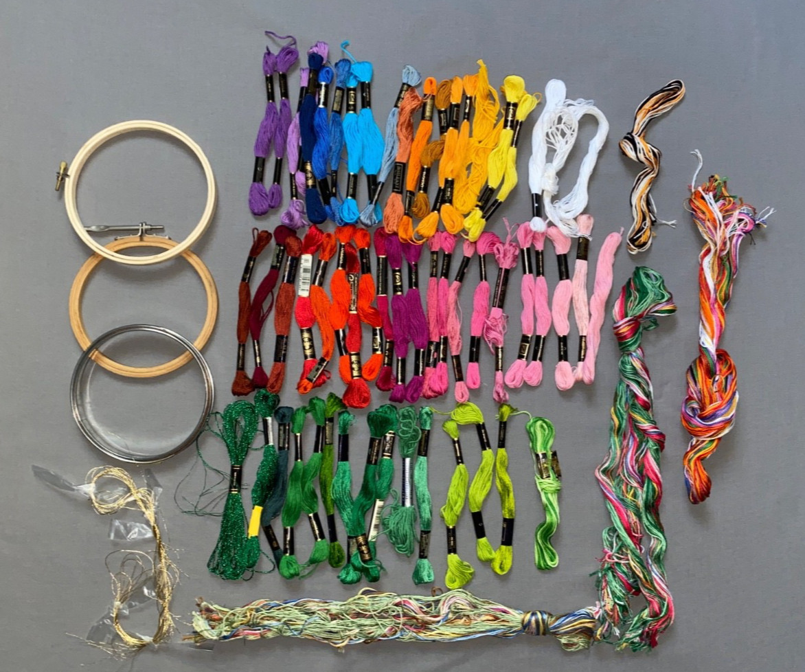 DMC Embroidery Floss Lot of 58 Variety + 3 Hoops Solids Variegated Sparkle