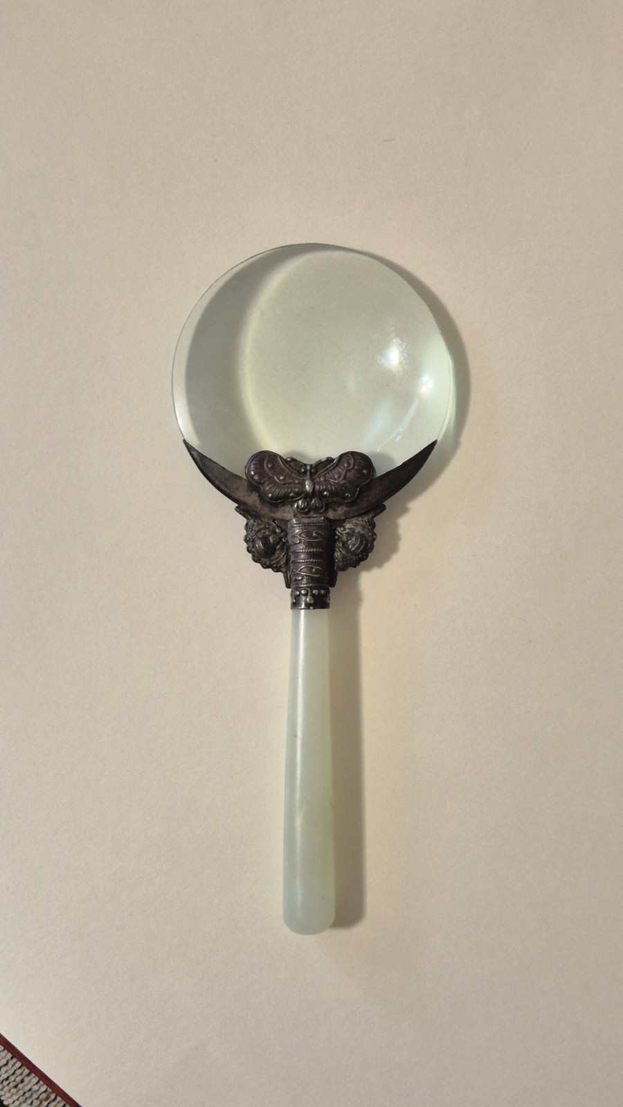 Antique 1900s Jade Stone Handle & Silver Filigree Magnifying Glass Jadeite