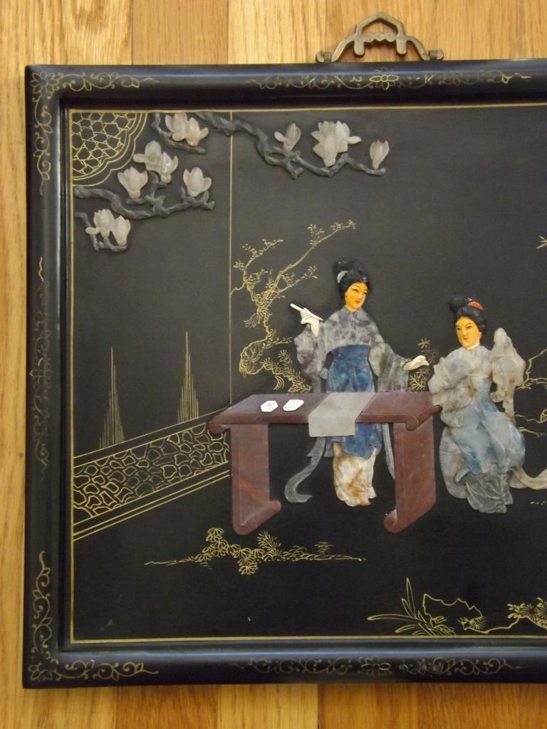 2 Asian Oriental Lacquer Mother of Pearl Wall Art Panels 14″ x 16″