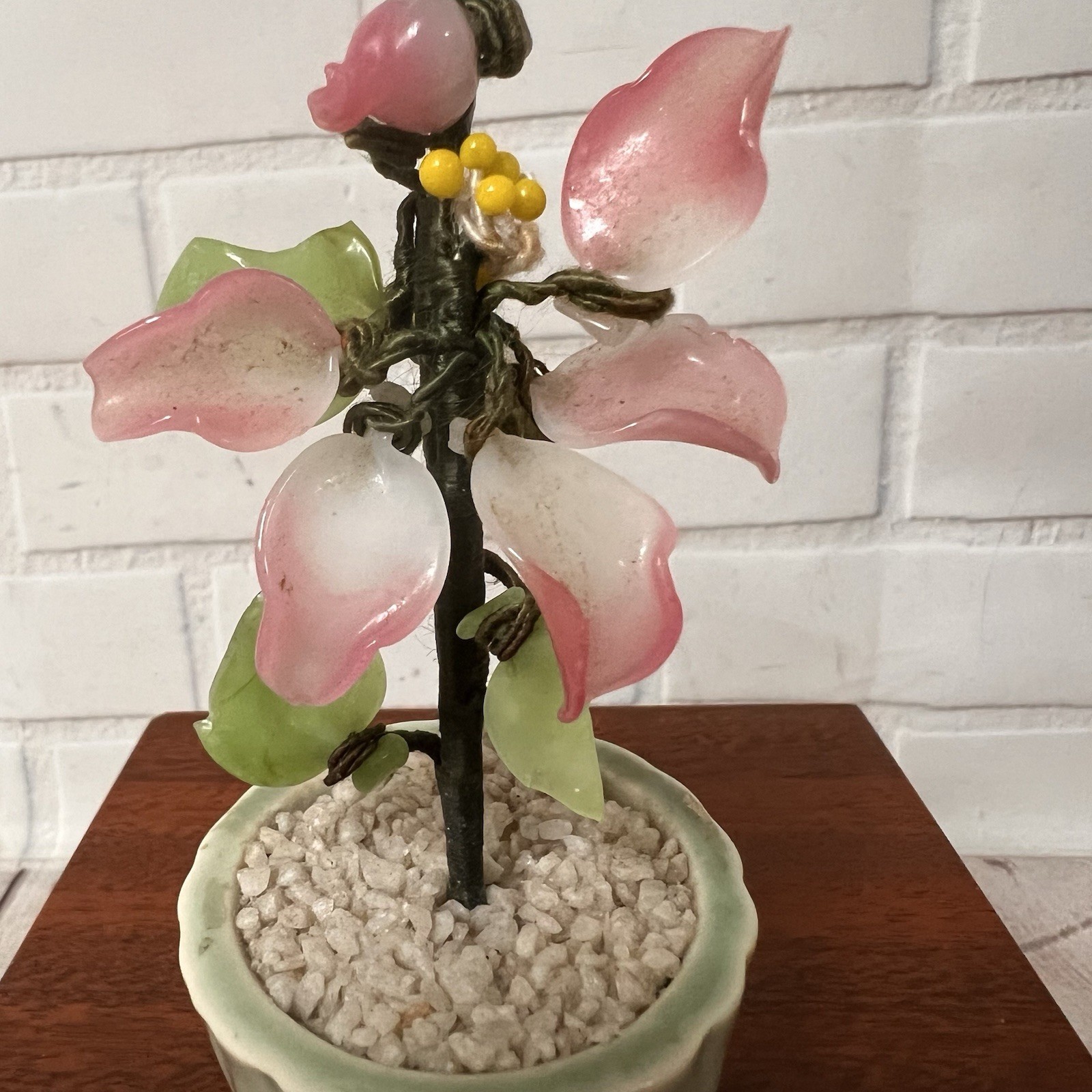 Vintage Jade Glass Bonsai Tree pink Flower Rose Quartz Celadon Pot small 4”