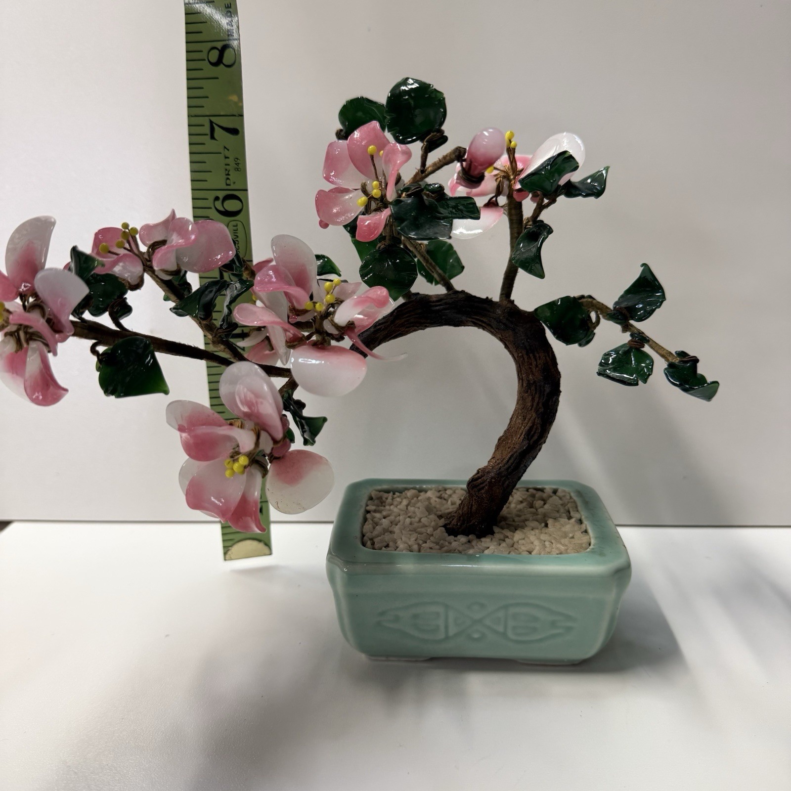 Vintage 1980’s Glass Jade Cherry Blossom Bonsai Tree