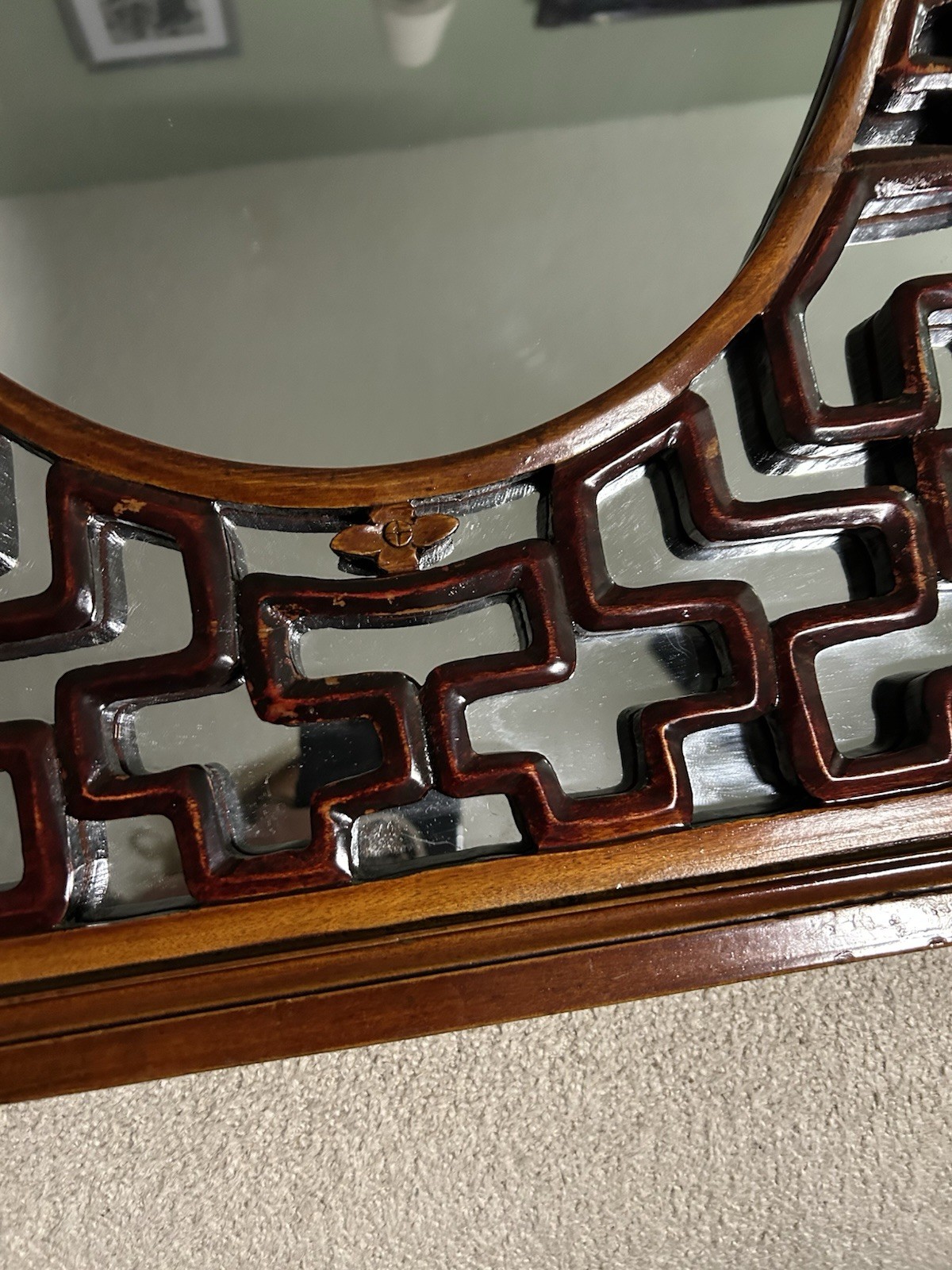 Chinese Red Asian Mirror, Solid Fir Hand Carved Lattice Design Brass Hanger