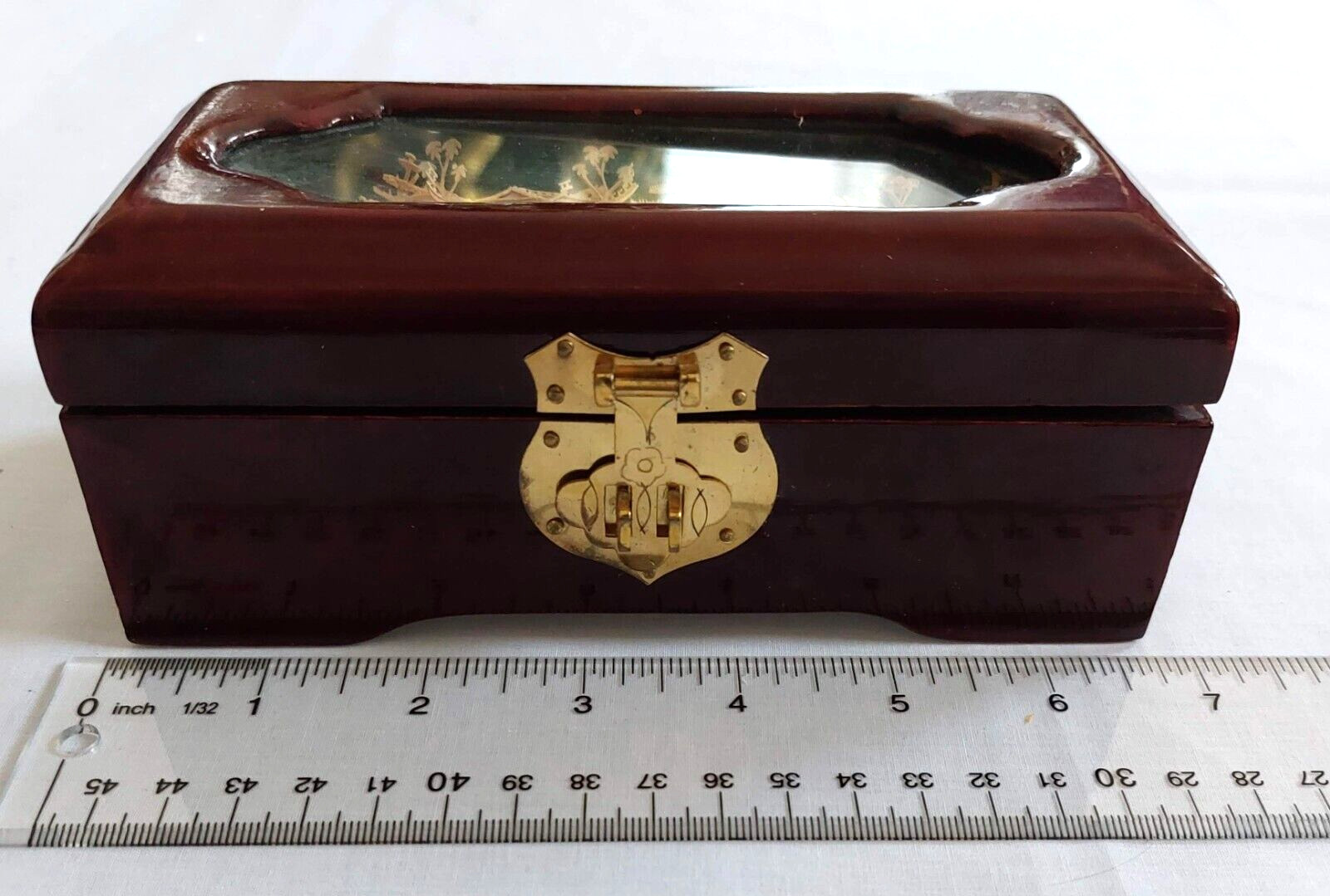 VTG San You Asian Jewelry Wood Box Diorama Cork Art Pagoda Scene Brass Lined