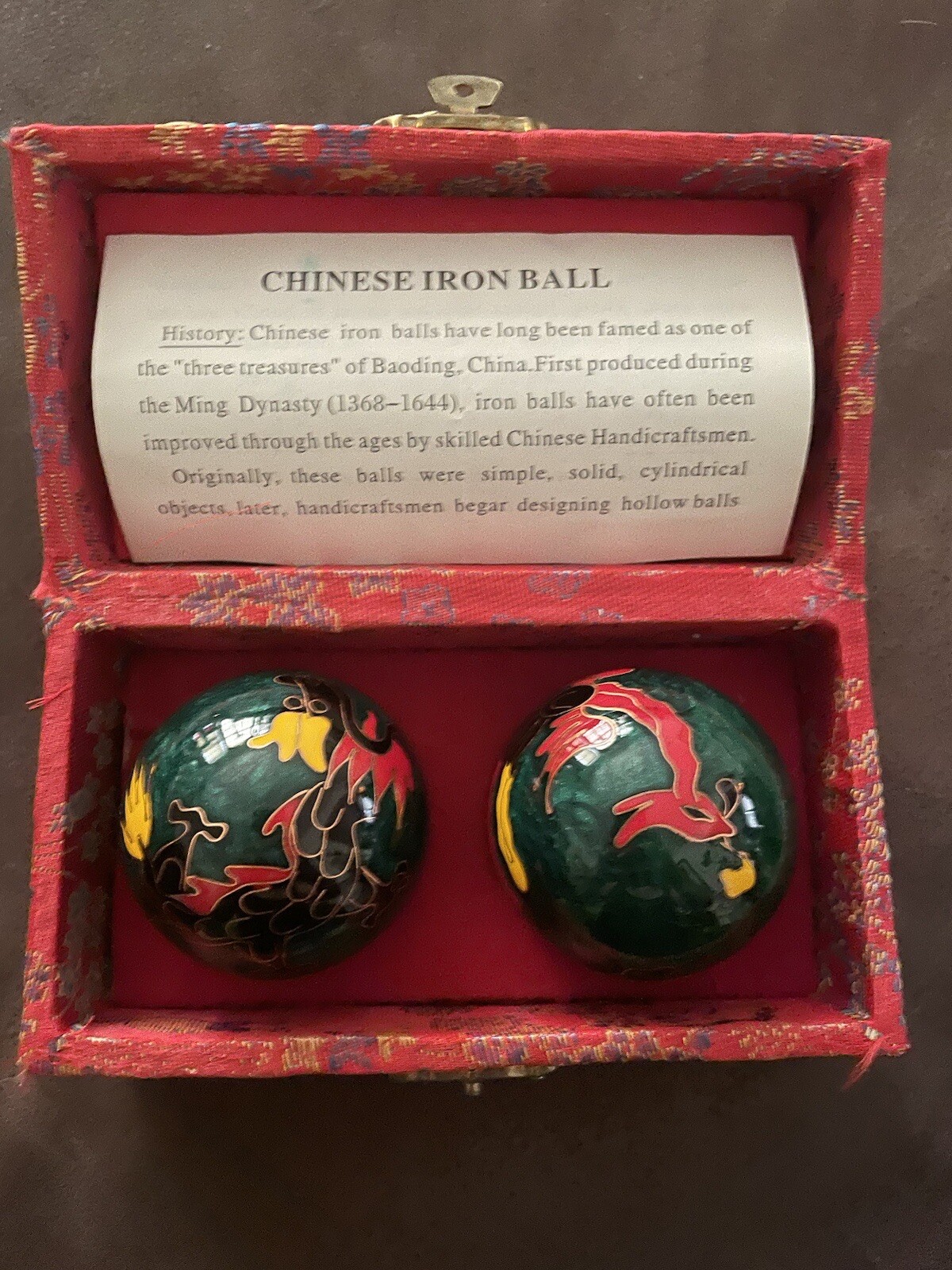 Vintage Chinese Cloisonné Health Iron Ball Set Of 2 Green In Original Box EUC