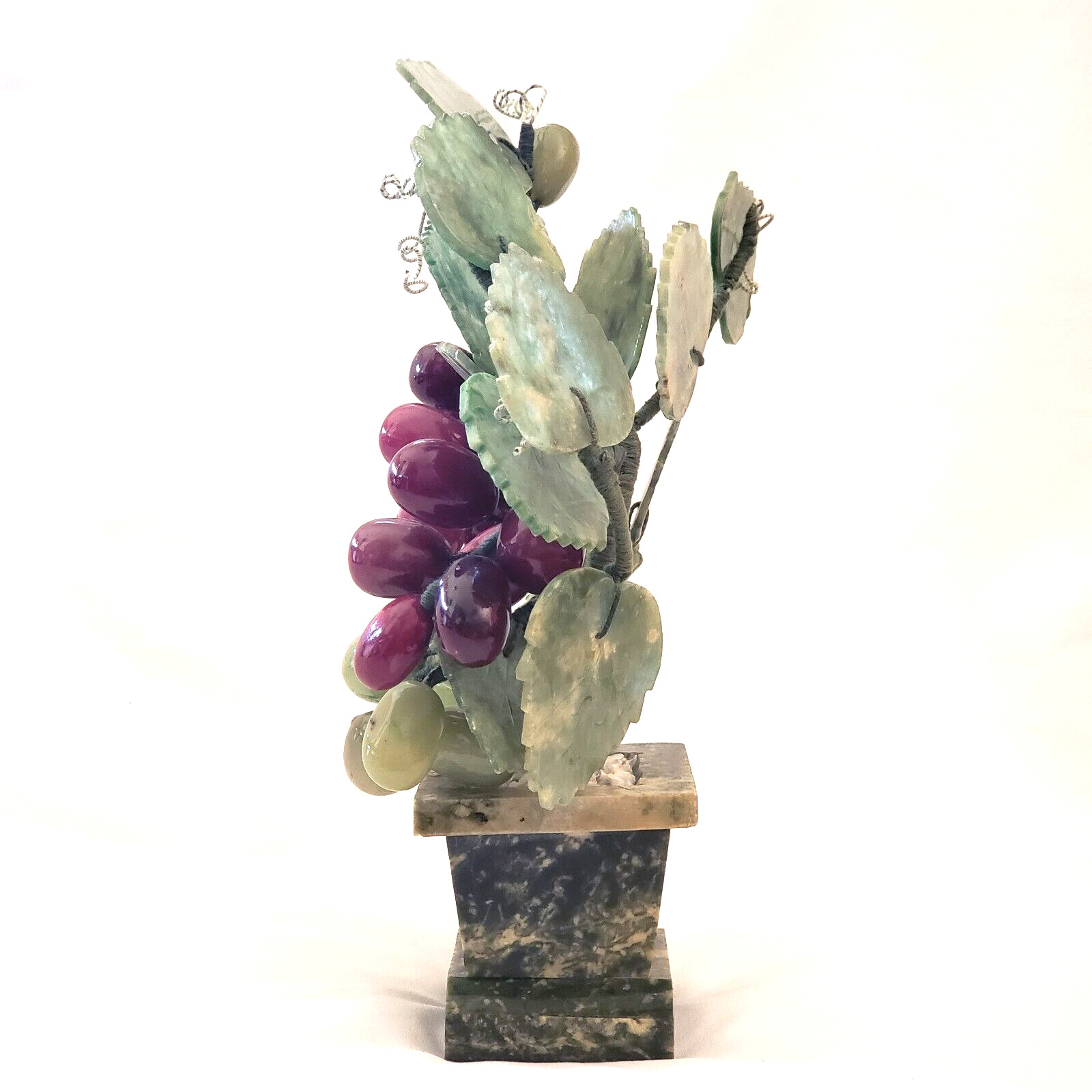 Jade Bonsai Grape Vine Tree Studio Art Carved Stone in Marble Planter 9″ Vintage