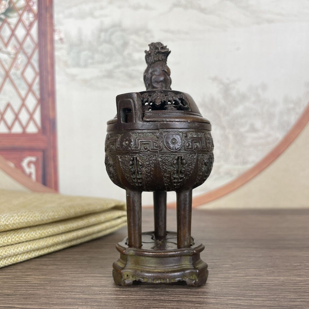 Antique Bronze Tripod Censer Lion Lid Incense Burner Copper Collection Decor