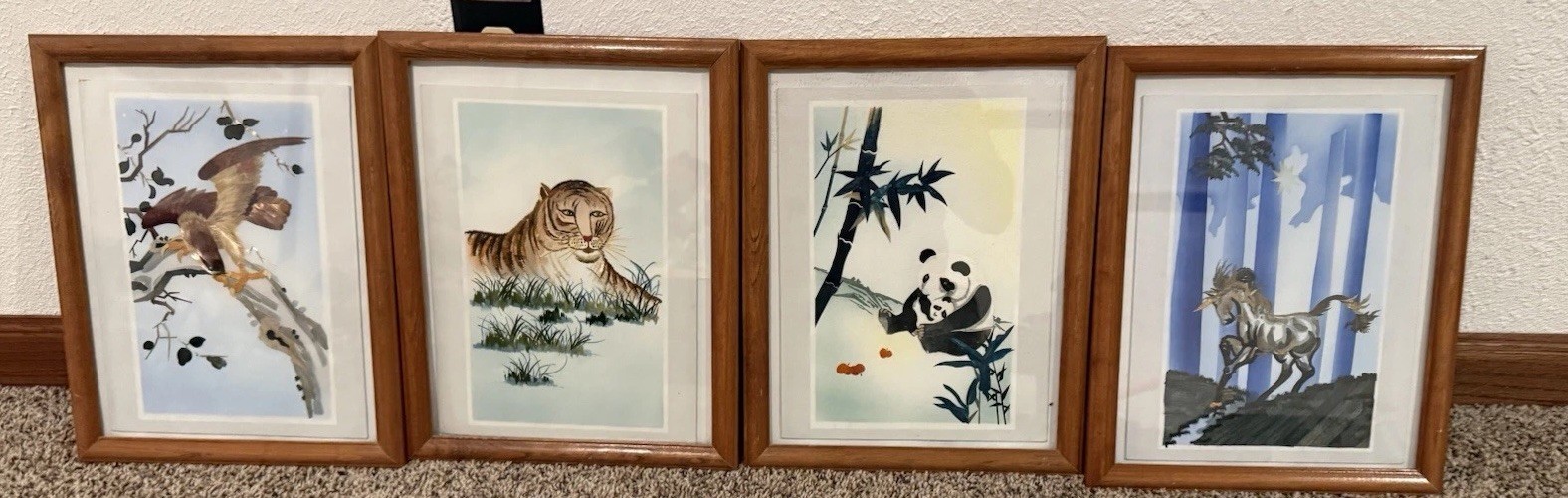 Vintage Chinese Straw Art Framed Wall Decor Set of 4 Panda Tiger Bird Horse