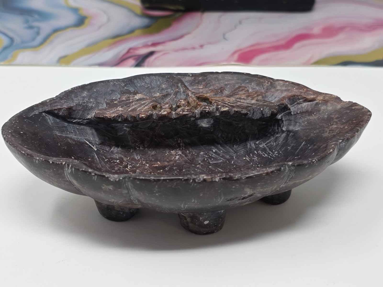Vintage Chinese Hand-Carved 5×3″ Footed Soapstone Trinket Dish Brown