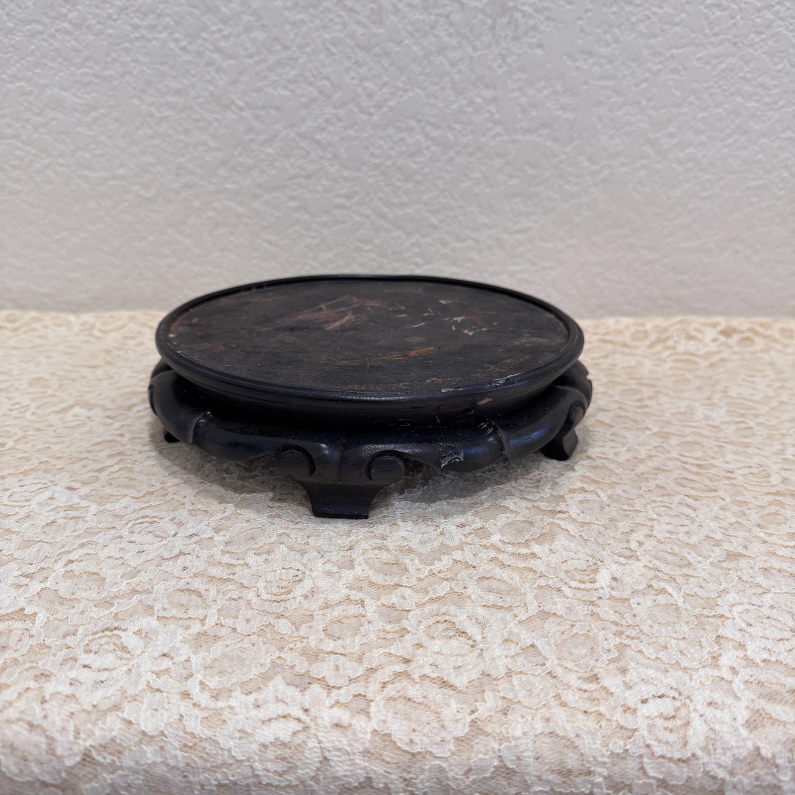 Round Chinese Wood Display Stand Black Asian Vase Bonsai Pedestal 9” Vintage