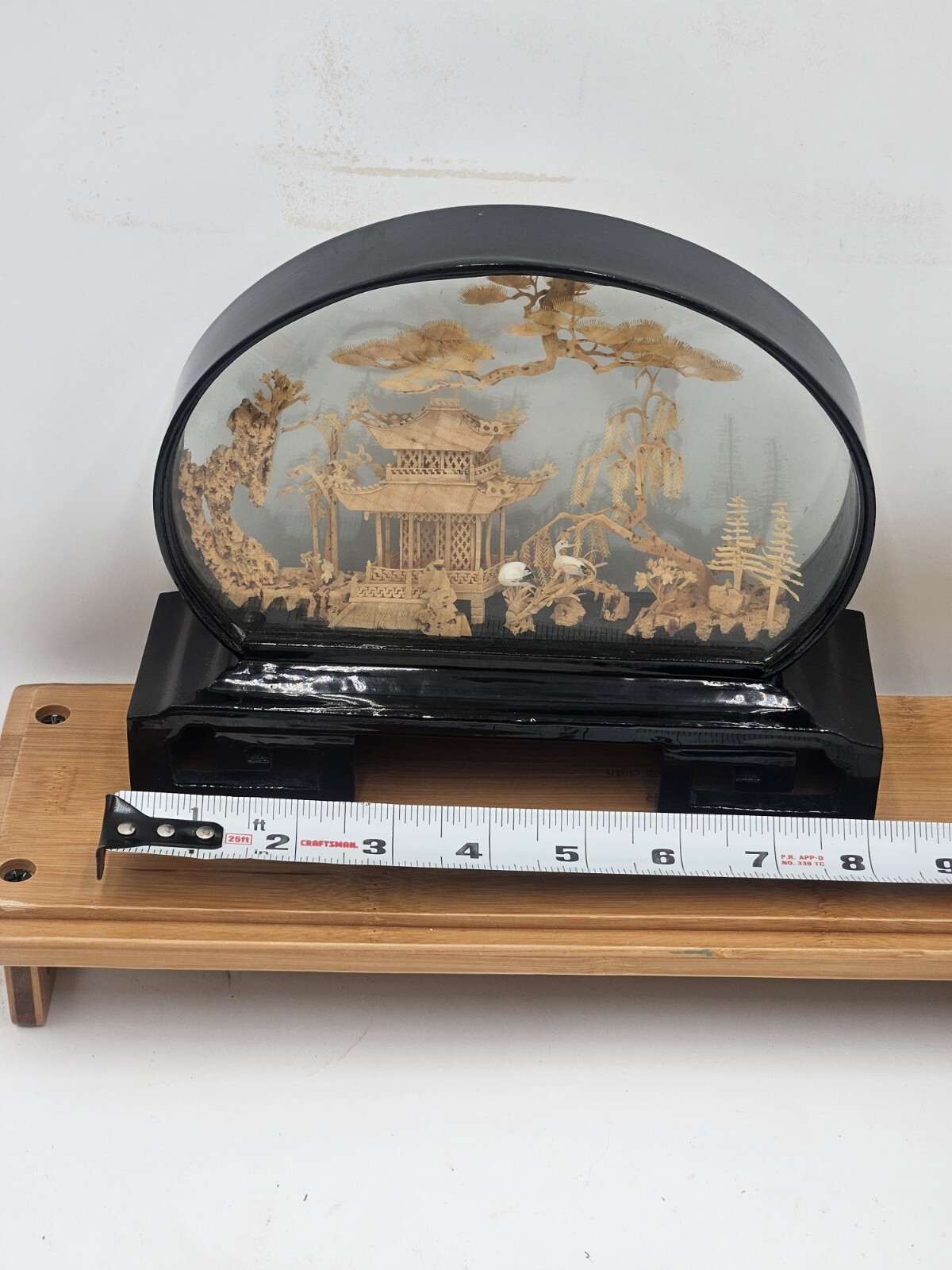 Vtg San Diorama Cork HandCarved W/ Pagoda Trees & Cranes In Glass Case
